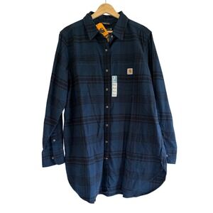 Carhartt Womens Rugged Flex Relaxed Fit Midweight Flannel Plaid Tunic XL Navy